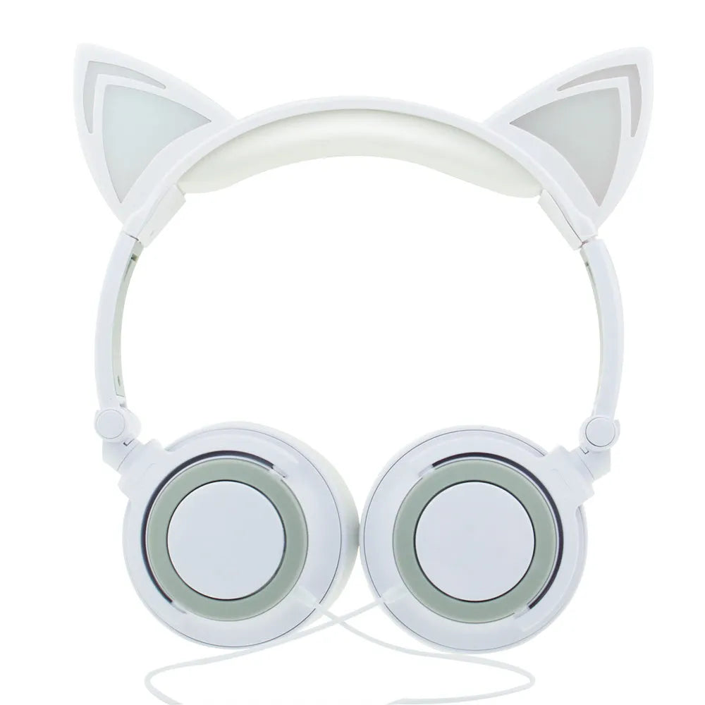 LED illuminated cat ear headphones in various colours showing lighted ears and cushion, with 3.5mm cable.