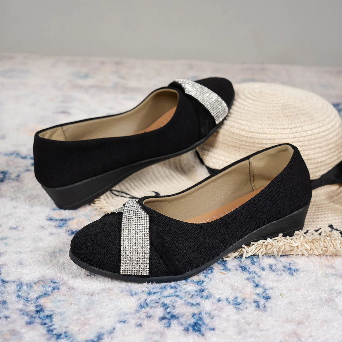 Women's black slip-on casual shoes with rhinestone decoration and 6-8cm chunky heel