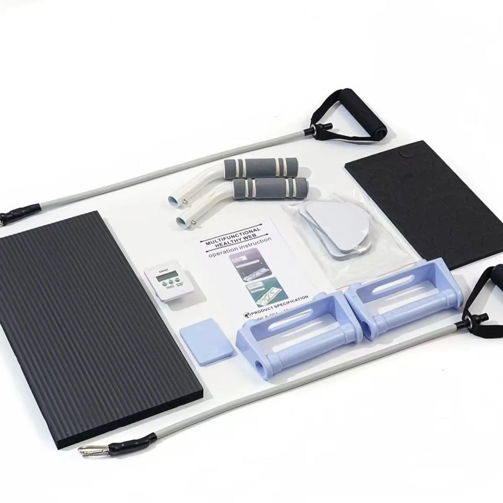 Foldable purple PP fitness belly panel shown flat, used for core workouts at home.