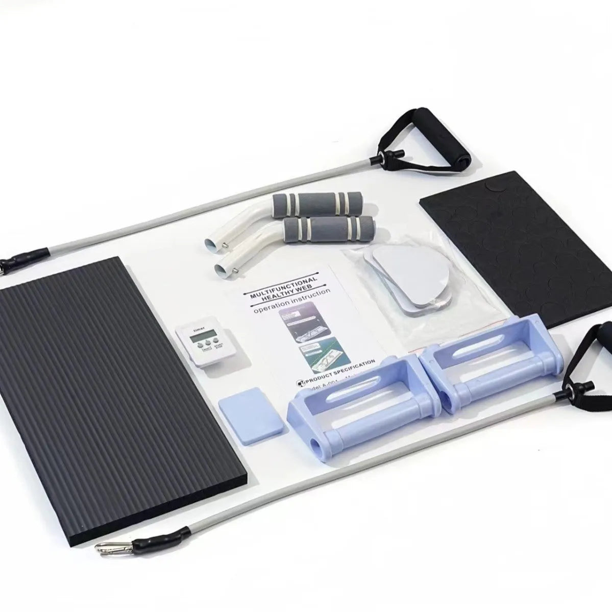 Foldable purple PP fitness belly panel shown flat, used for core workouts at home.
