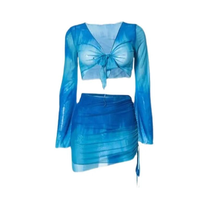 Blue women's high-waist bikini set with shirt, bra, underwear, and skirt on a mannequin.
