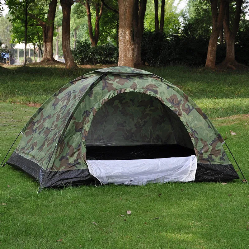Green camouflage outdoor tent for two persons with fibre glass poles and waterproof Oxford cloth construction