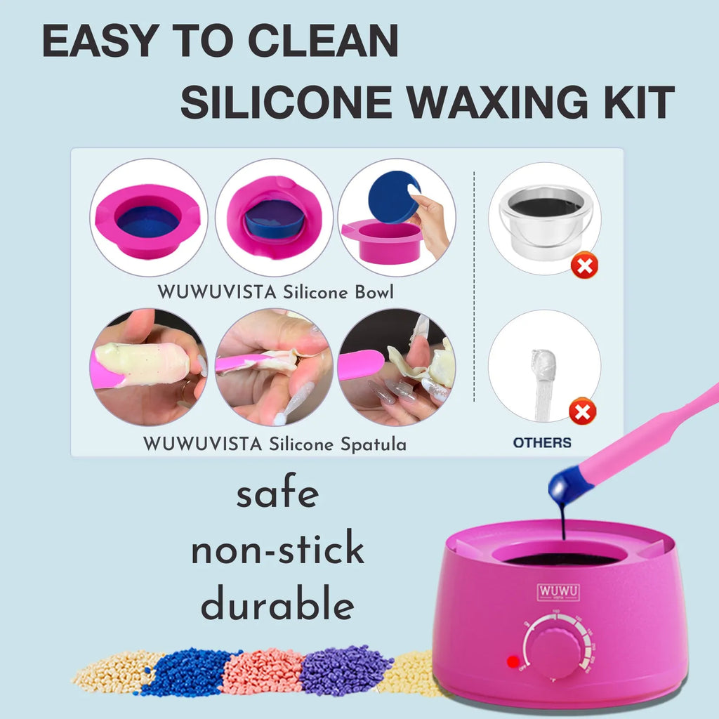 Waxing kit with warmer, wax beads, multiple applicator sticks and skincare products for hair removal