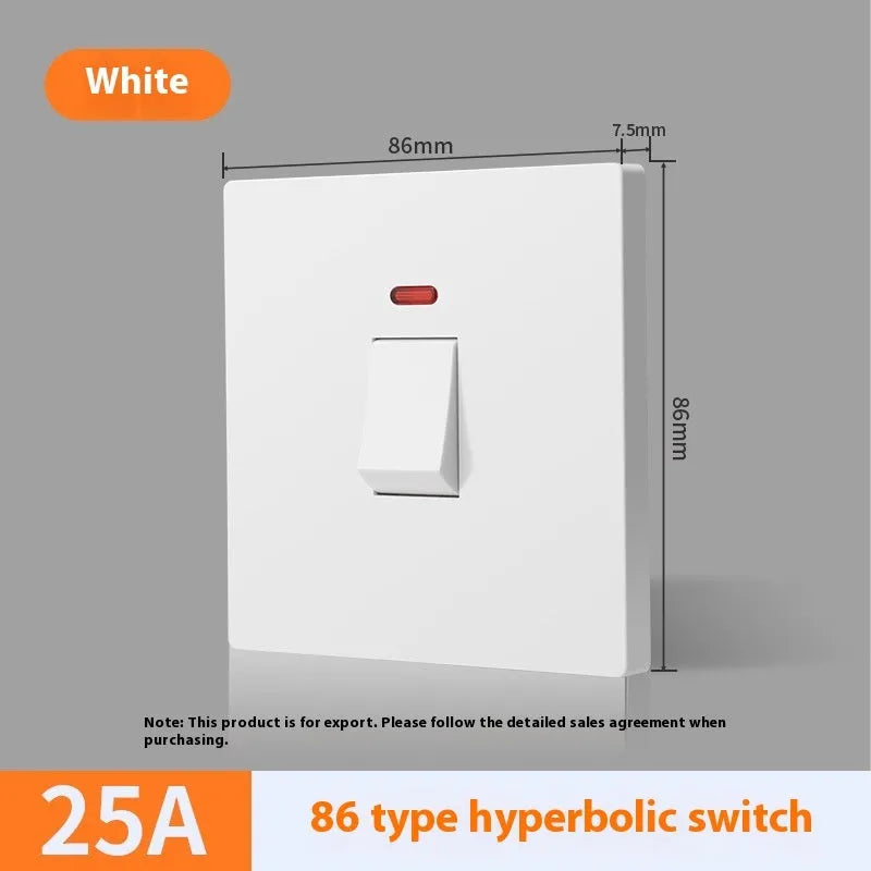 Gold, grey, or white coloured industrial switch with light panel for 25A or 45A high-current circuits.