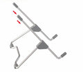 Grey aluminium alloy and plastic foldable stand holding a mobile phone and a laptop.