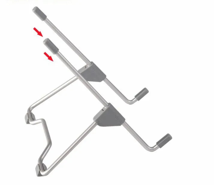 Grey aluminium alloy and plastic foldable stand holding a mobile phone and a laptop.