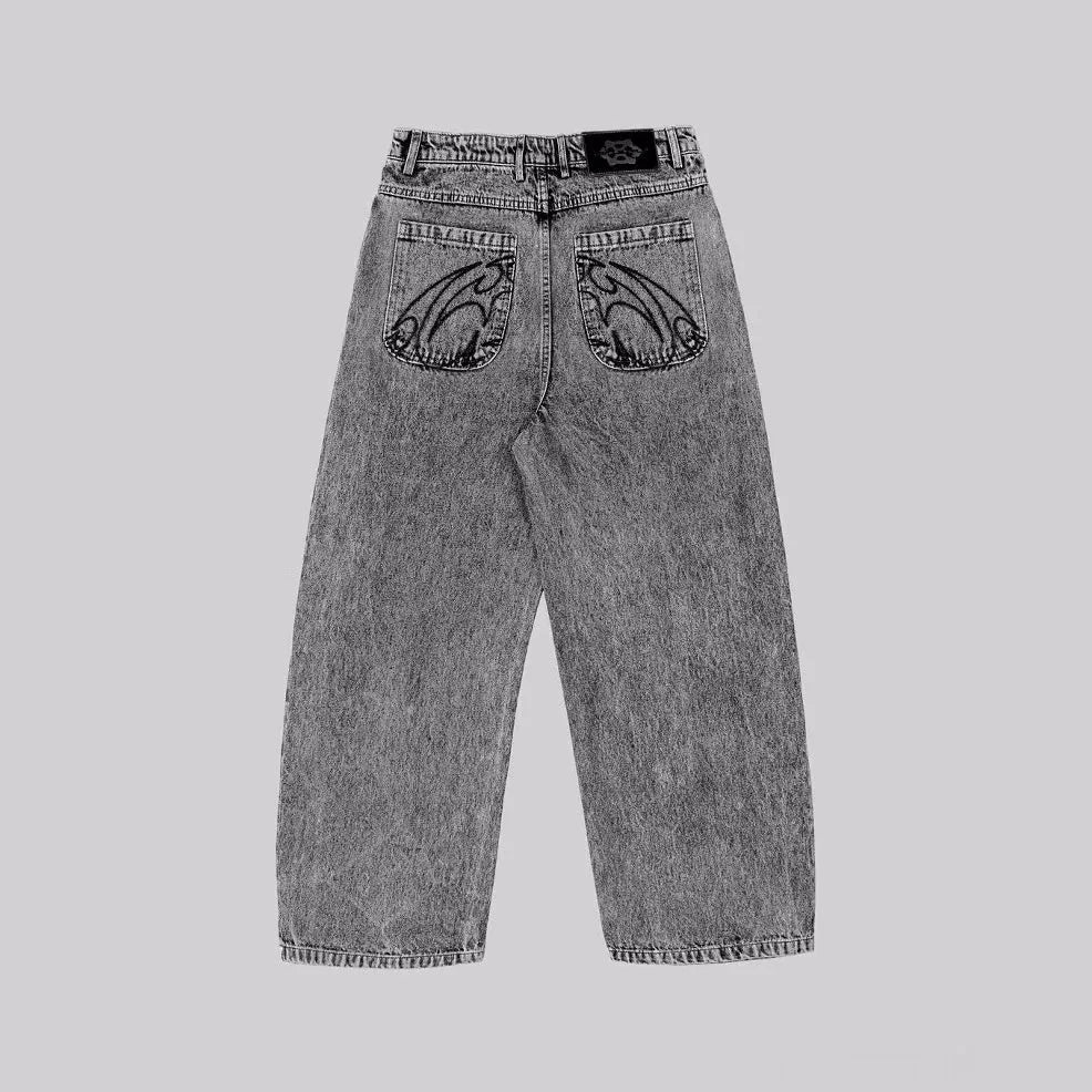Grey loose fit straight-leg denim trousers for men and women on a mid waist