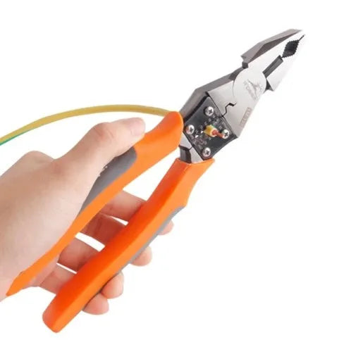 Orange multi-function wire cutter pliers with plastic handle and alloy steel jaws.
