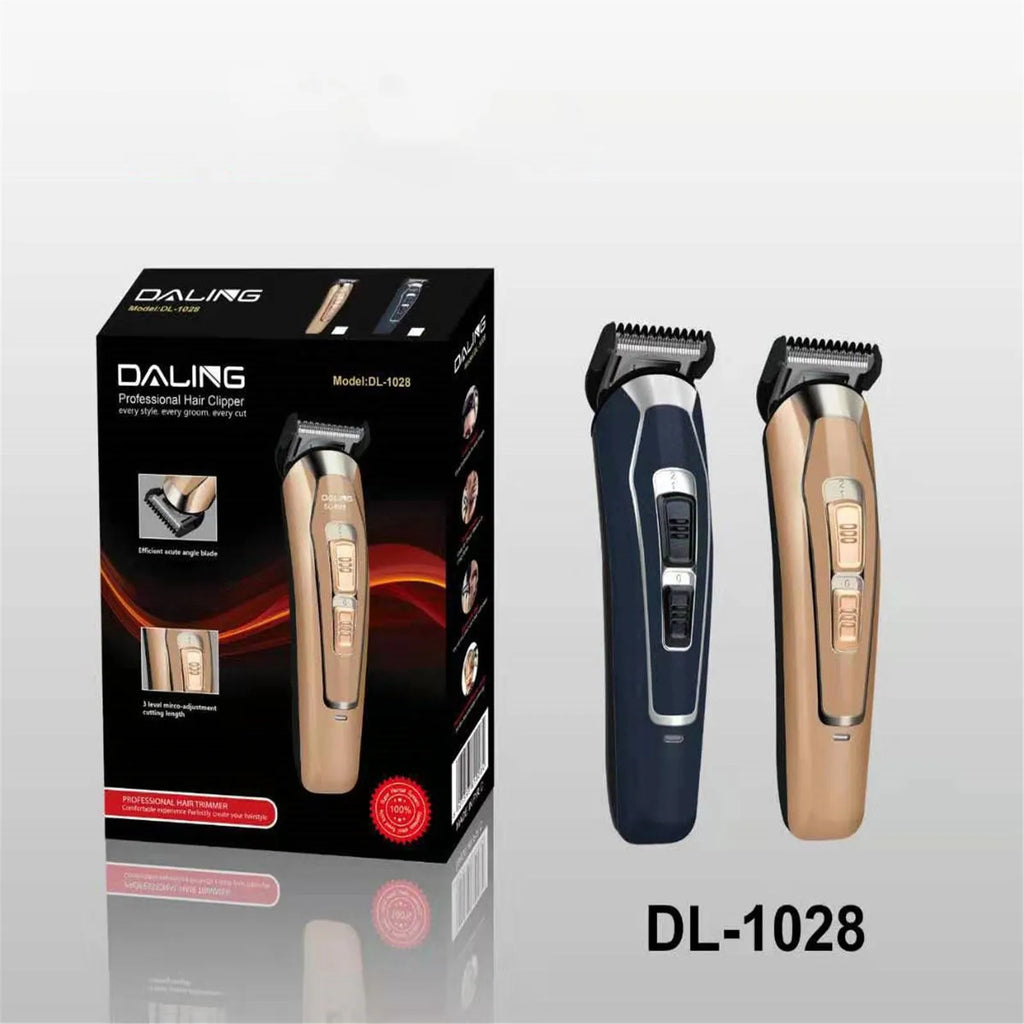 Dark blue cordless electric hair clipper with stainless steel blades on a white background.