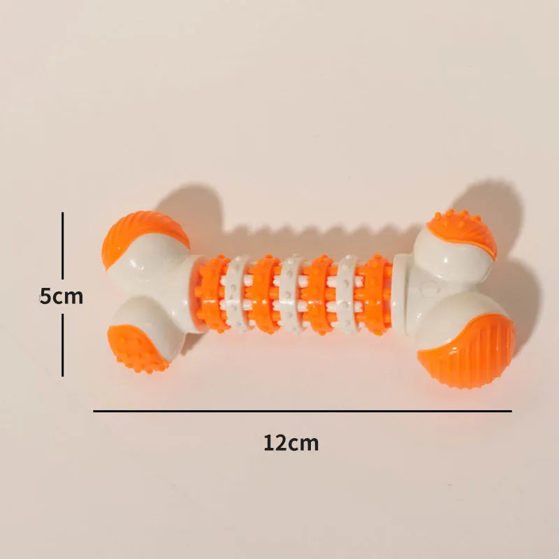 Blue bone-shaped rubber dog toy with a treat holder in the centre, shown next to dog biscuits.