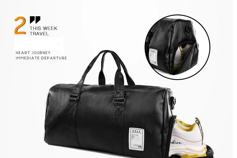 Black waterproof sports bag with diagonal straps and separate shoe compartments in two size options