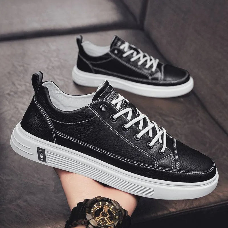 Men's white casual shoes with round toe and low flat heel, Korean style shallow opening.