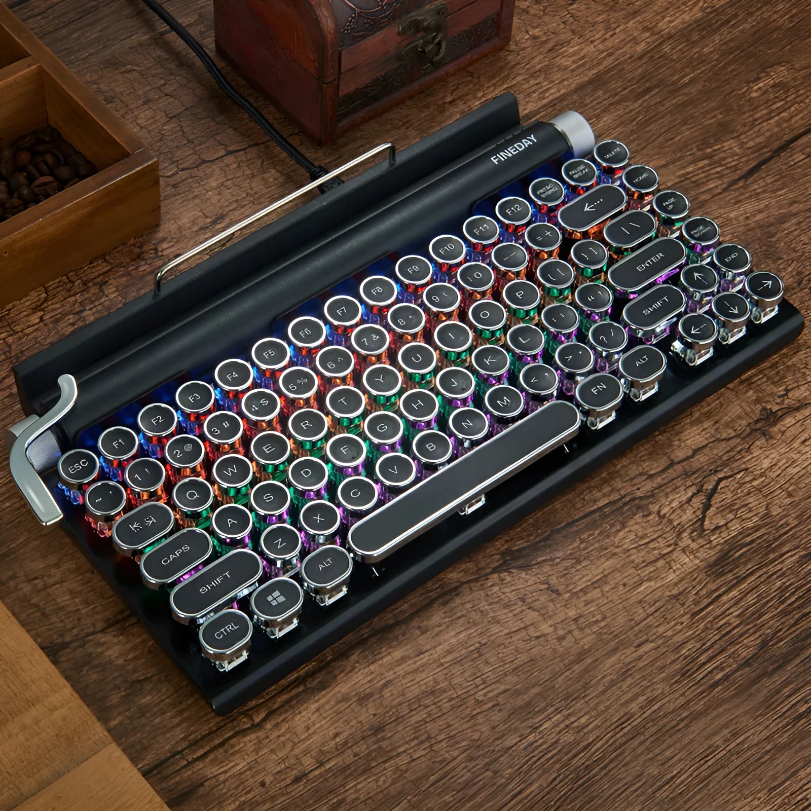 Black retro typewriter-style mechanical keyboard with Bluetooth connectivity and seven-colour backlight