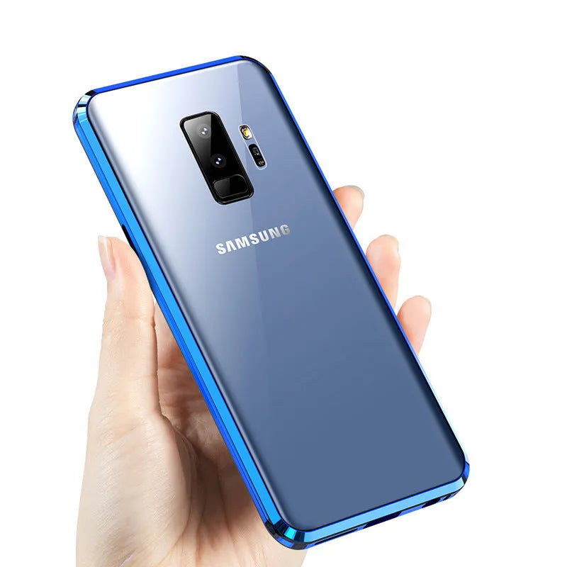 Magnetic anti-peeping phone case for Samsung Galaxy in clamshell design with double-sided glass construction
