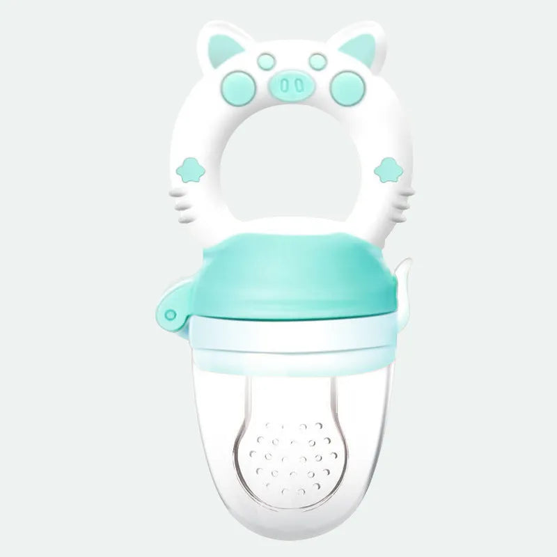 Blue, green, and pink silicone baby teethers showing both single and triple mouthpiece style options.