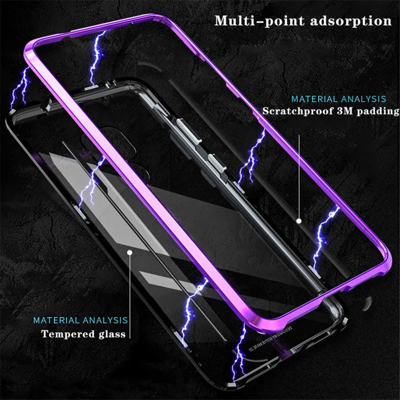Magnetic metal phone case with tempered glass back for Huawei smartphones showing magnetic attachment points