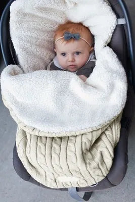 Envelope-style baby stroller sleeping bag in beige with lamb cashmere lining and cotton wool filling