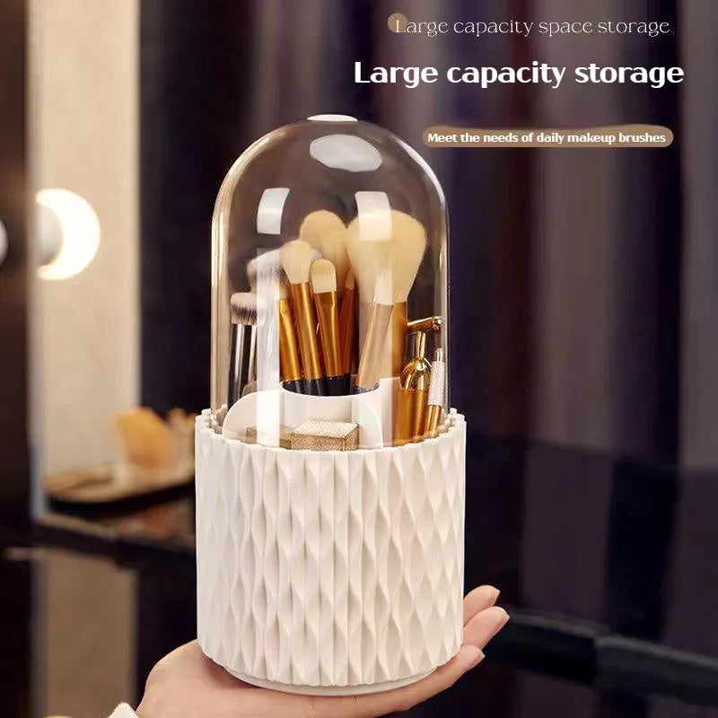 White rotating transparent acrylic makeup brush storage organiser with dustproof lid
