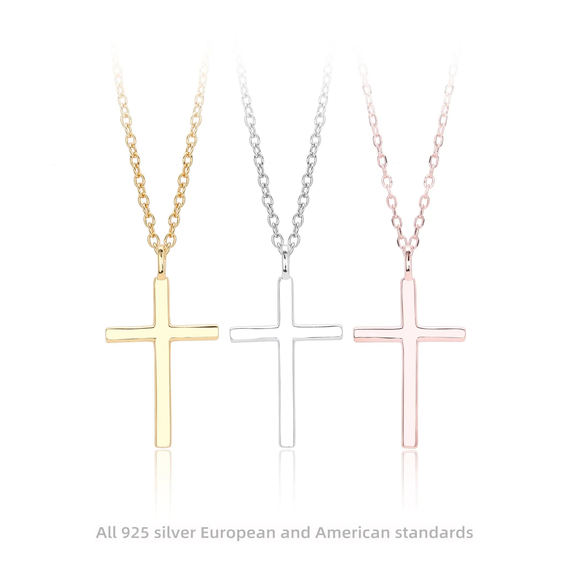 S925 sterling silver necklace with glossy cross pendant on O-shaped chain in gold, platinum or rose gold plating