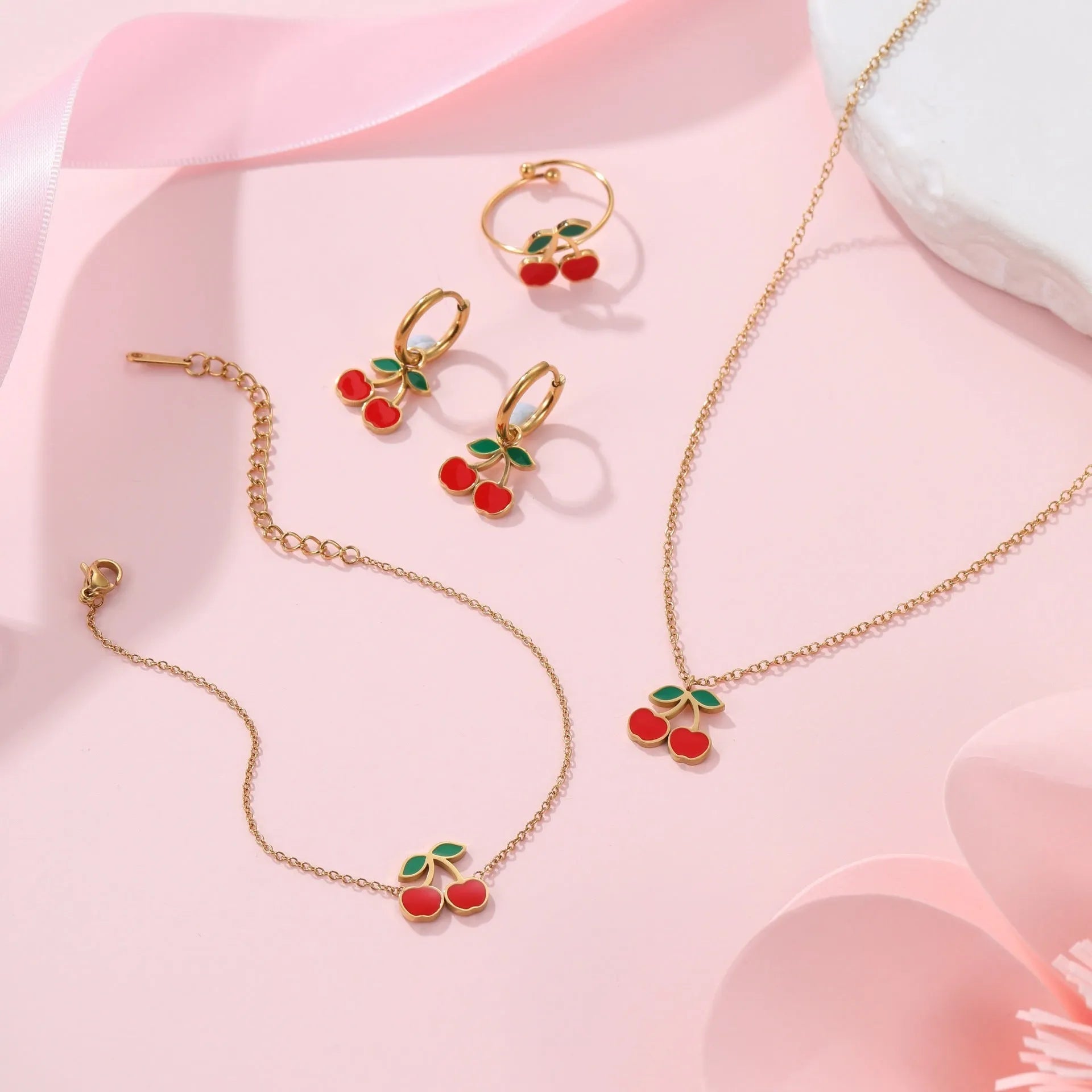 Cherry-shaped stainless steel jewellery set with necklace, bracelet, earrings, and ring 18K gold-plated