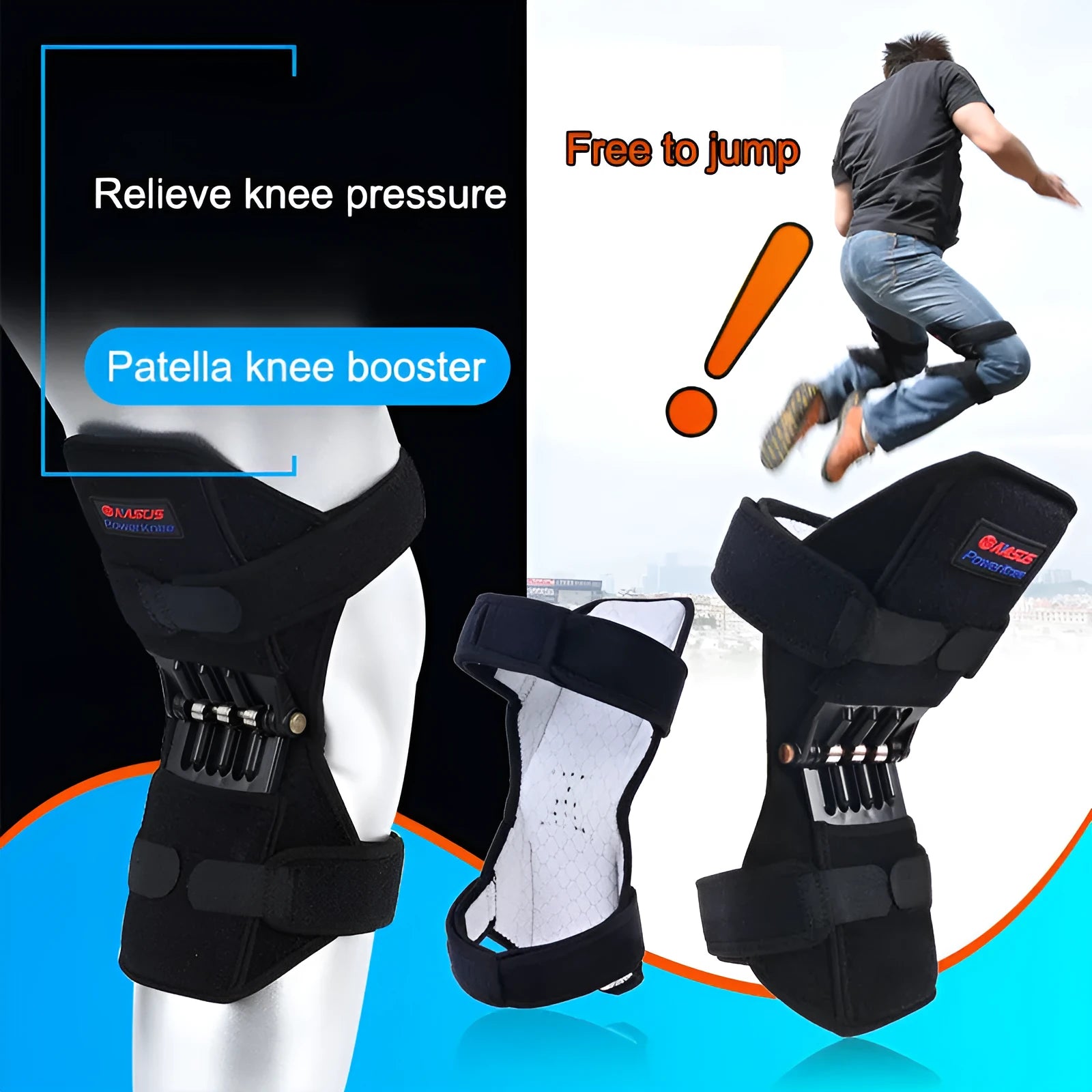Black adjustable knee brace with patella support and visible booster spring mechanism for sports.