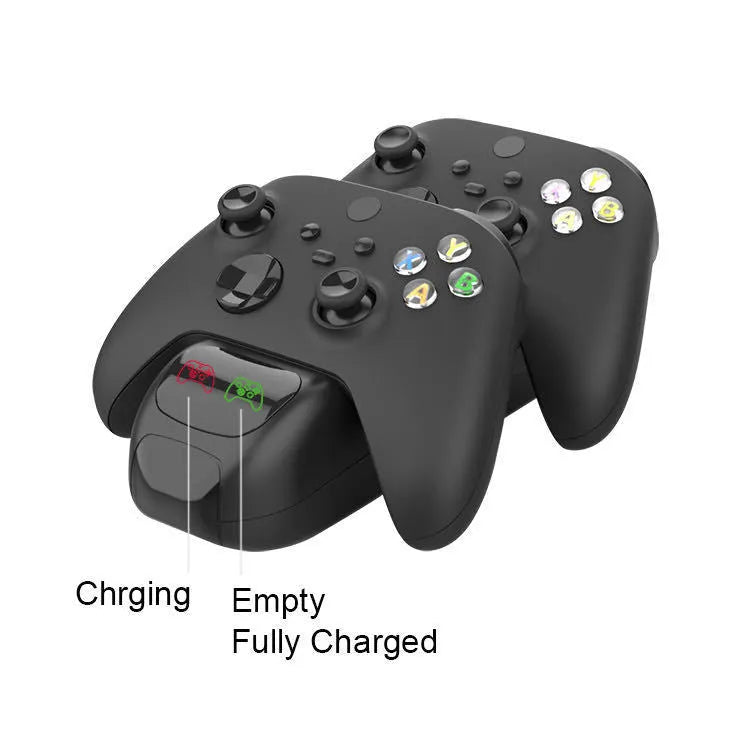 Black Xbox Series X wireless controller dual charging dock with two battery packs on station.