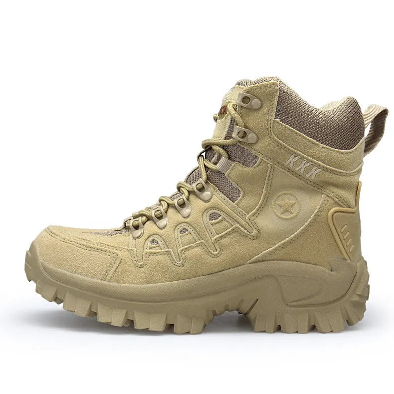 Men's black tactical boots with velvet and leather upper and rubber sole for outdoor sports