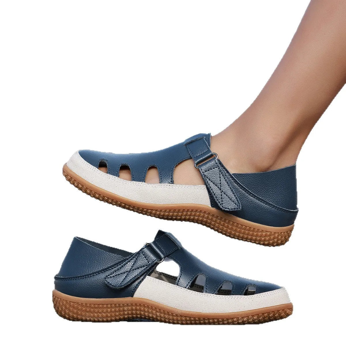 Women's plus size flat sandals with hollow breathable design and toe cap in blue colour