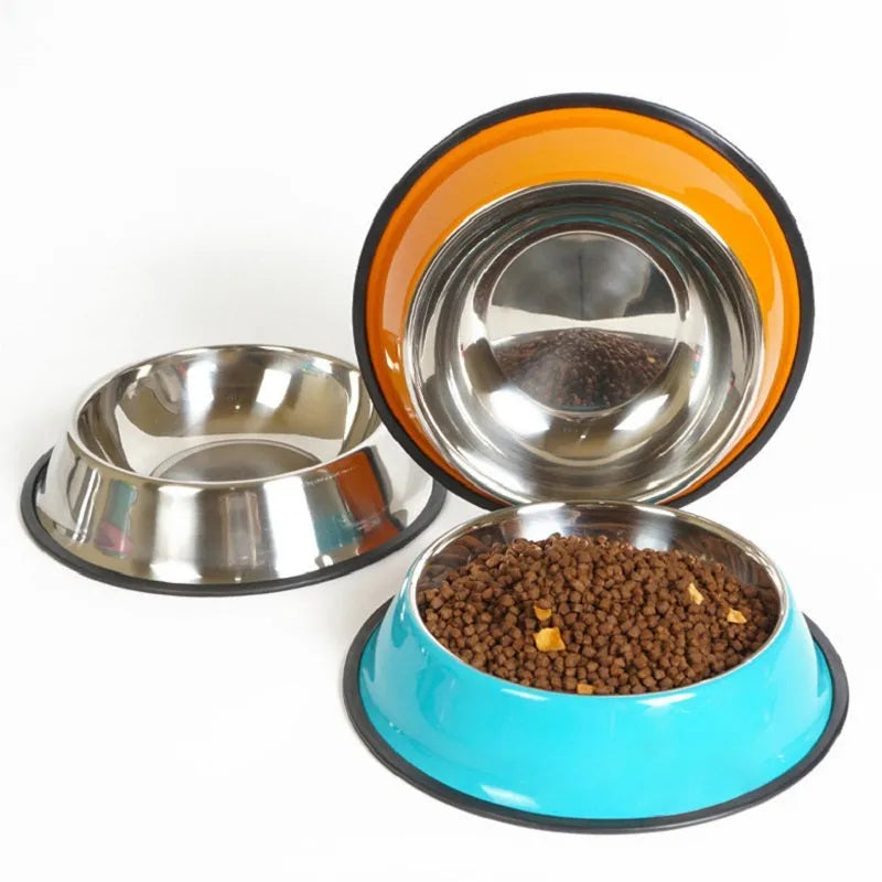 Stainless steel pet bowl with colourful melamine exterior and non-slip rubber base in multiple size options