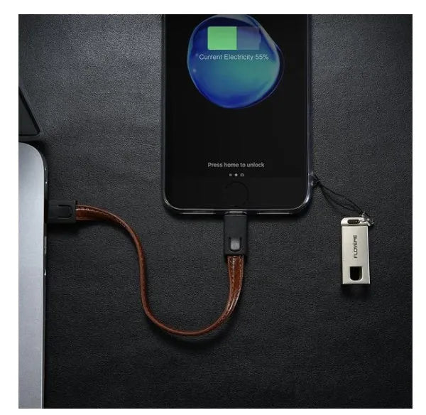 Leather and zinc alloy Lightning charging cable in red colour showing 20cm length with Lightning connector