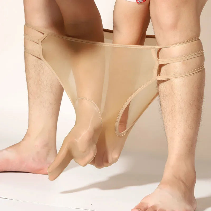 Men's fully transparent elephant nose shorts in a solid colour on a mid waist, showing the nylon fabric and design.