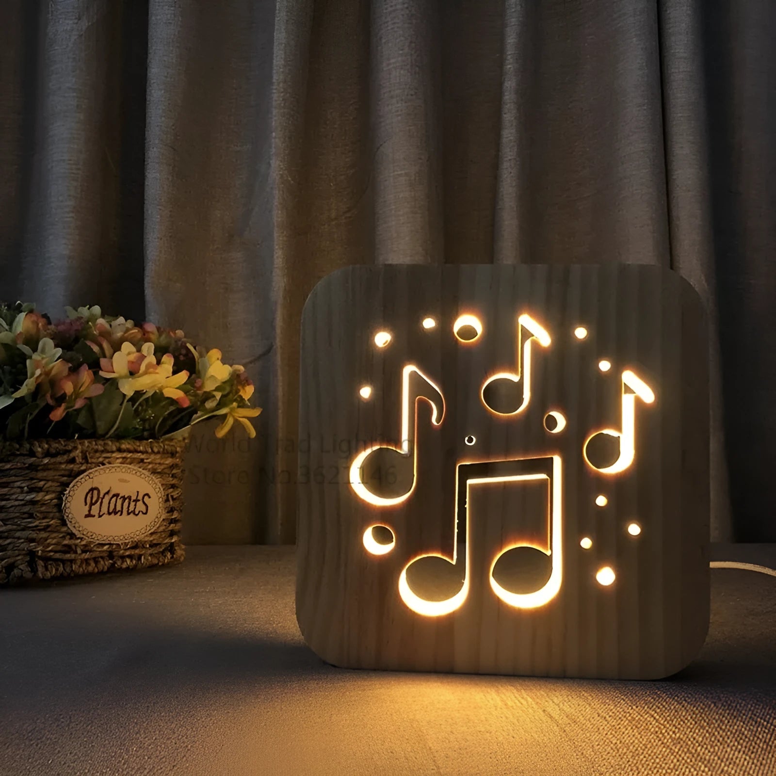 Square pine wood USB LED atmosphere lamp emitting warm white light.