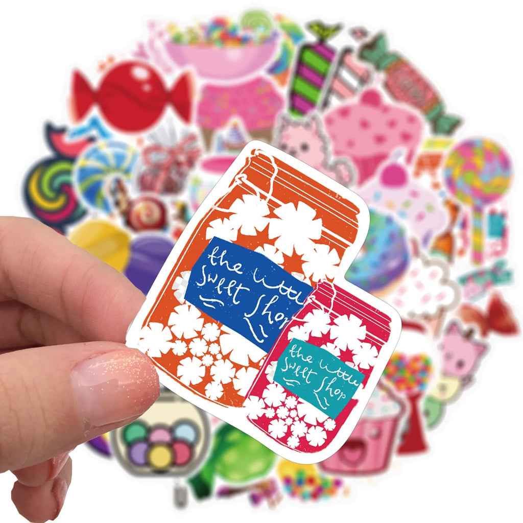 Colourful candy graffiti stickers pack showing 50 cartoon adhesive designs measuring 4-6 cm
