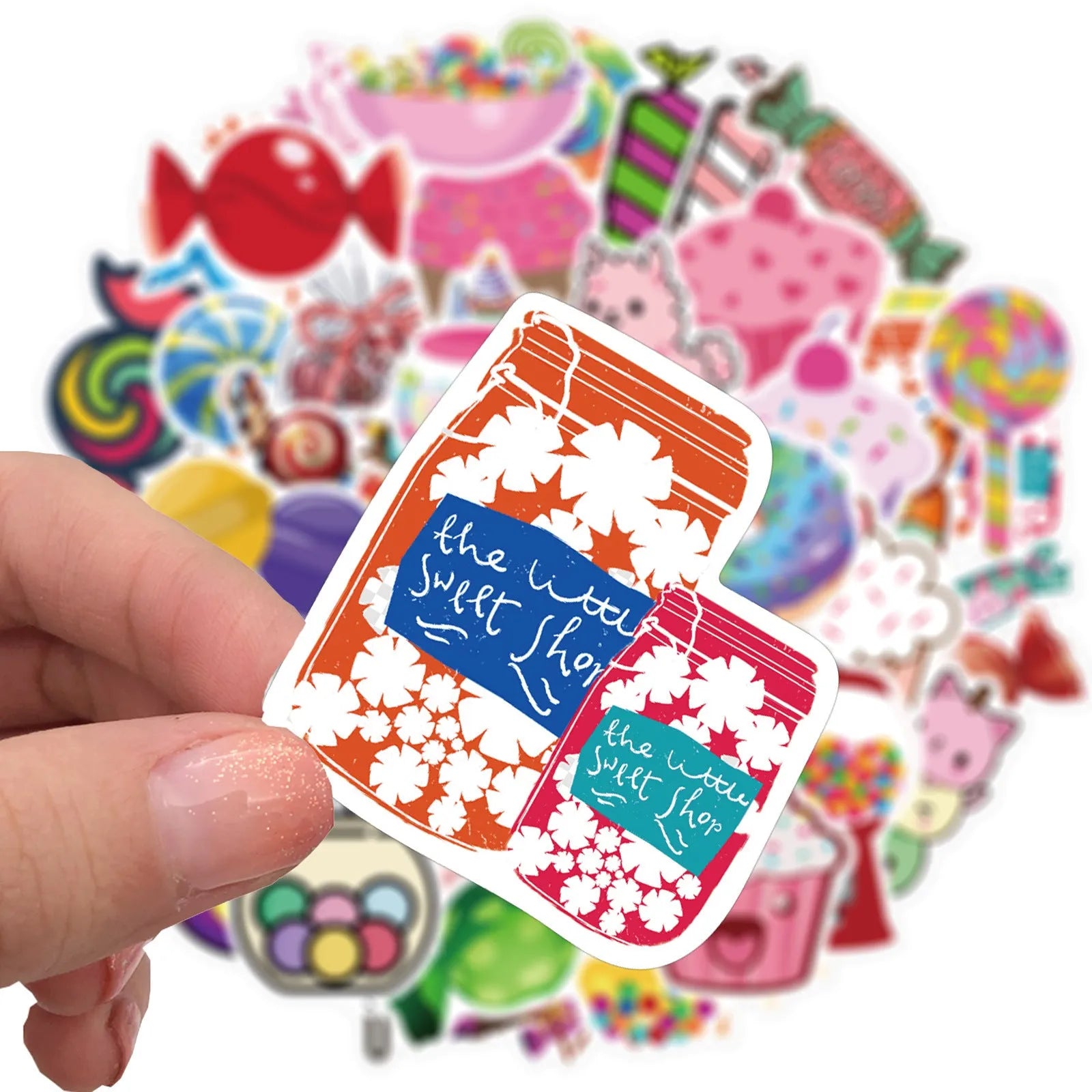 Colourful candy graffiti stickers pack showing 50 cartoon adhesive designs measuring 4-6 cm