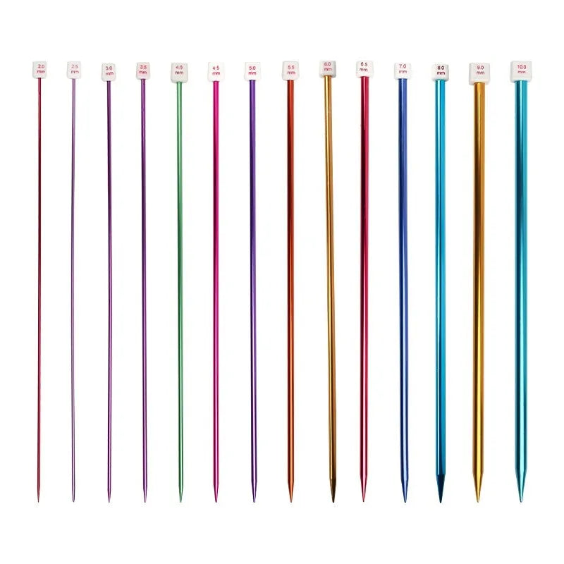 Set of lengthened crochet hooks with protective caps, showing multiple sizes from 2.0mm to 10.0mm for knitting and crochet.