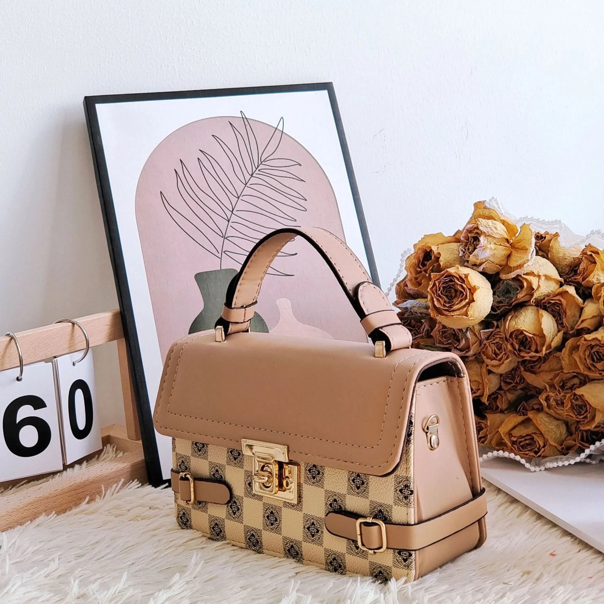 PU leather retro square crossbody bag with ethnic stitching and plaid patterns, shown in apricot colour.