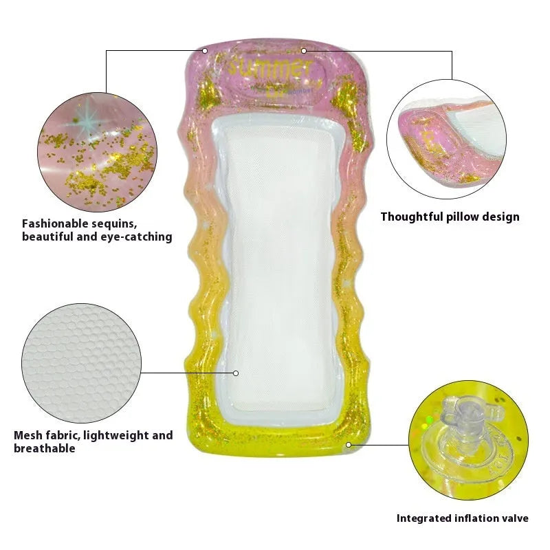 PVC inflatable floating row pool lounger in a mesh deck chair design with bright gradient colour wave.