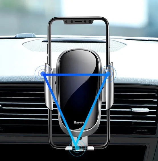 Universal car smartphone mount with adjustable clamp on a car air vent, showing 360-degree rotation.