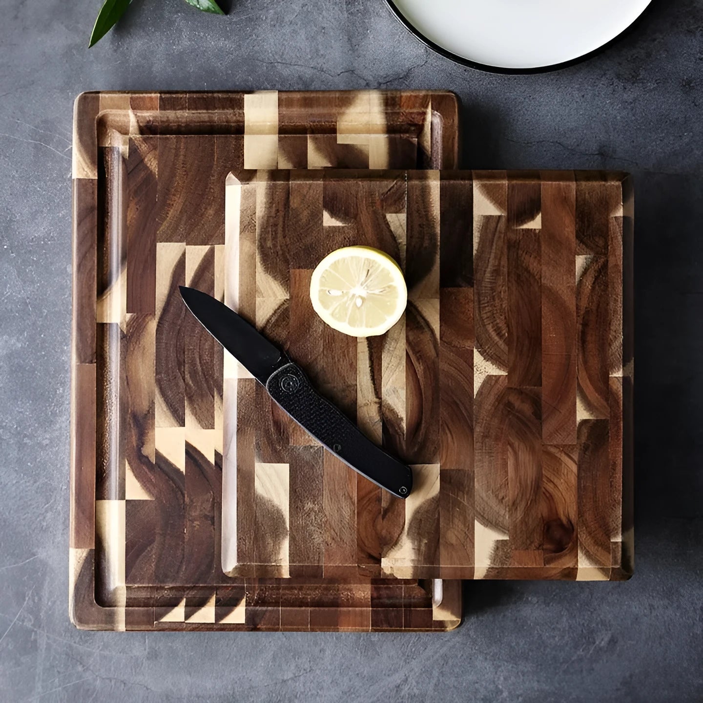 Brown acacia wood parquet cutting board 3cm thick for kitchen food preparation
