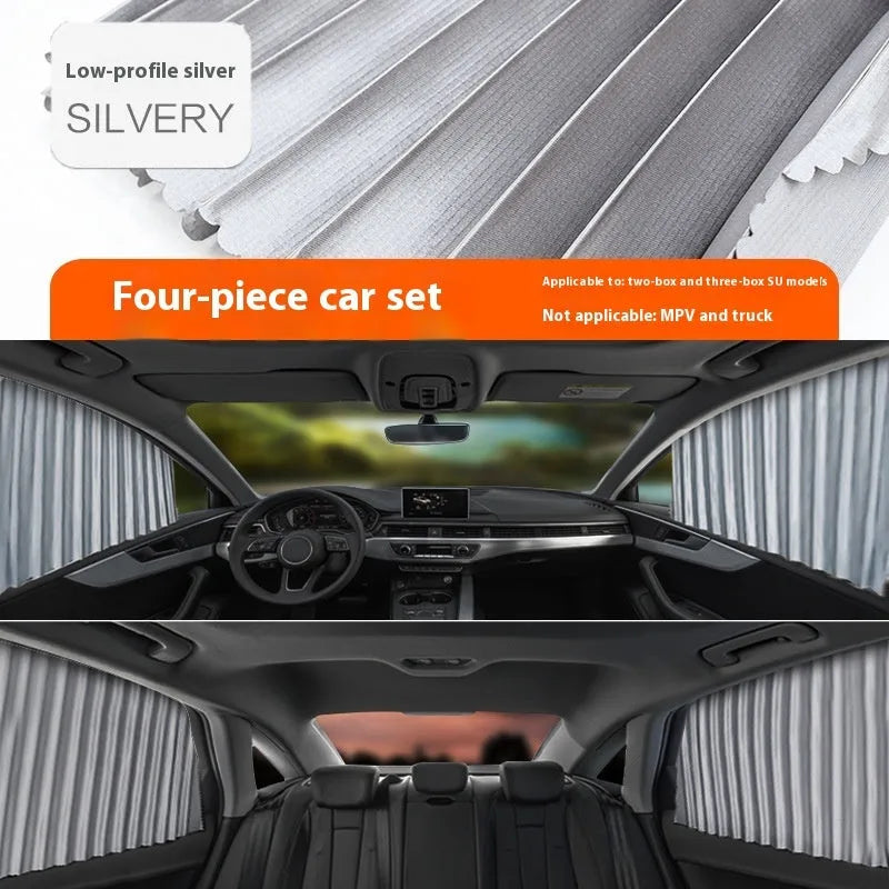 Car magnetic sunshade polyester four-piece set in silver colour for full car window coverage