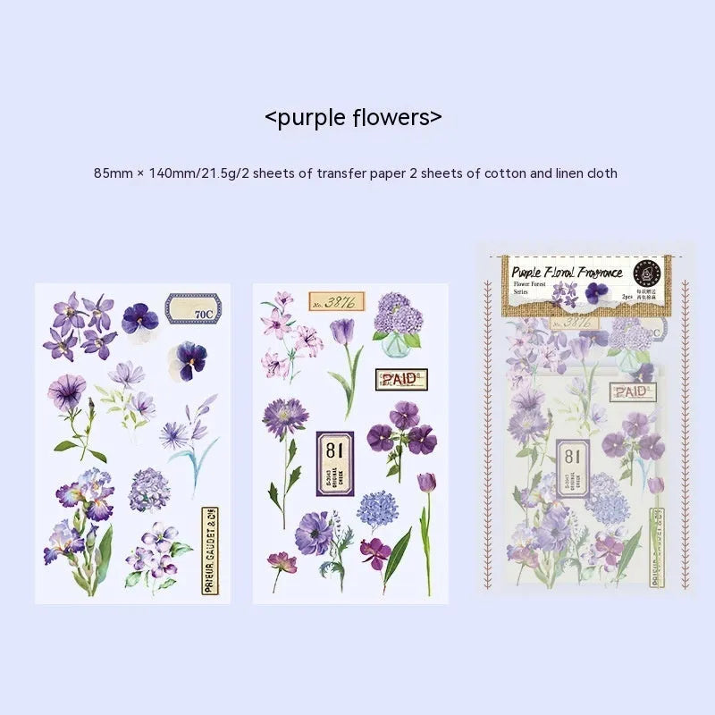 Huazhisen Series sticker pack showing forest label designs on transfer paper and cotton linen sheets