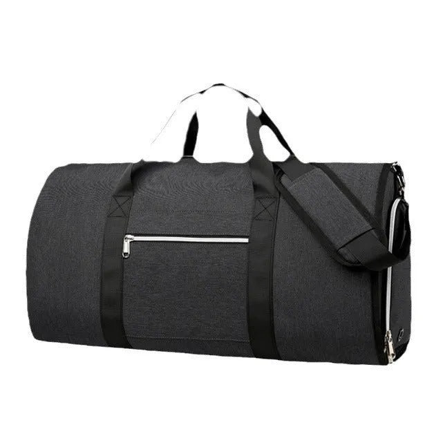 An Oxford cloth expandable sports storage bag in grey, showing compartments for dry wet separation.