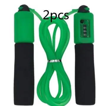 Adjustable skipping rope with blue foam handles and heavy-duty PVC cable on a grey background