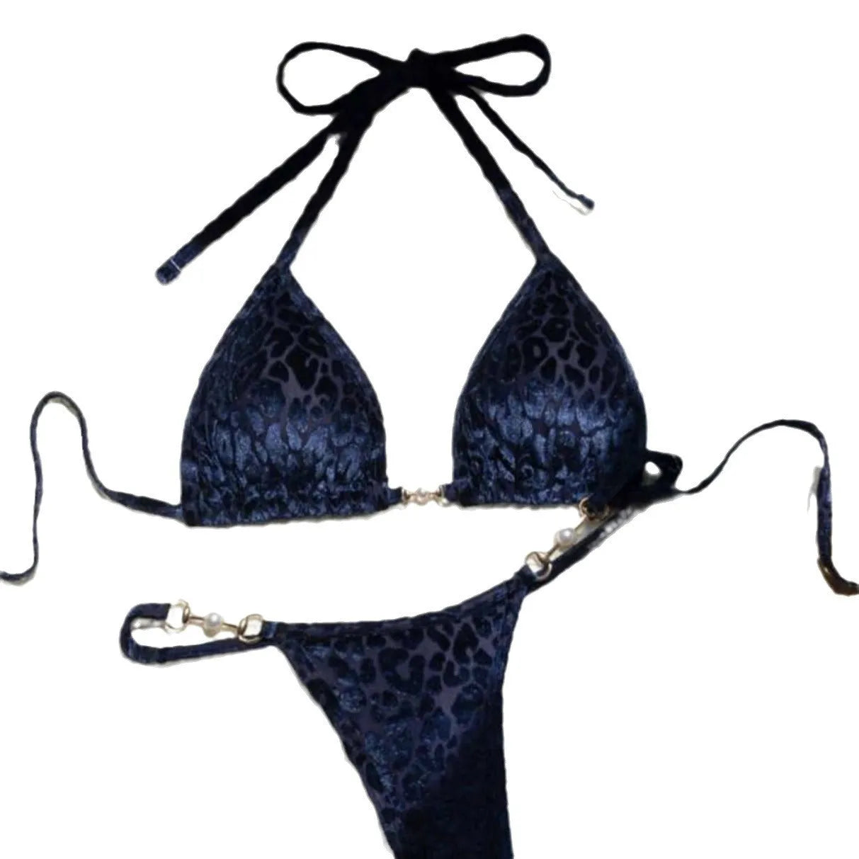 Women's T-shaped leopard print bikini swimsuit in polyester and spandex fabric on a mannequin.