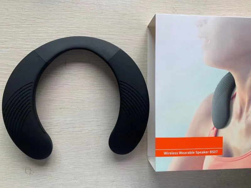 Black wearable hanging neck Bluetooth speaker with 3D surround sound and IPX4 waterproof rating