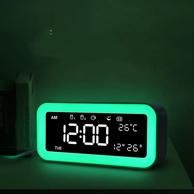 Multifunctional LED atmosphere light alarm clock with digital display and multicoloured lighting in rectangular plastic case