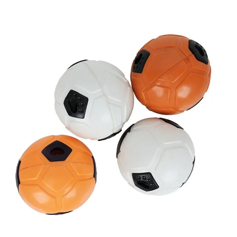 TPR dog toy ball with raised nibbling texture, shown in orange and white colour options