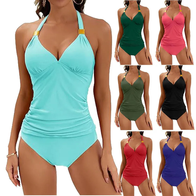 Women's halter neck two piece swimsuit with side tie details in solid colour