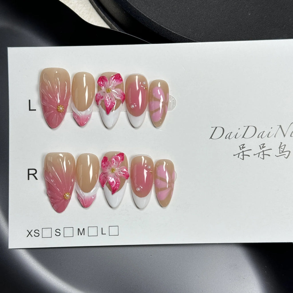 French Style Lily Fluid Ice Flower three-dimensional plastic nail art armour set in almond style.