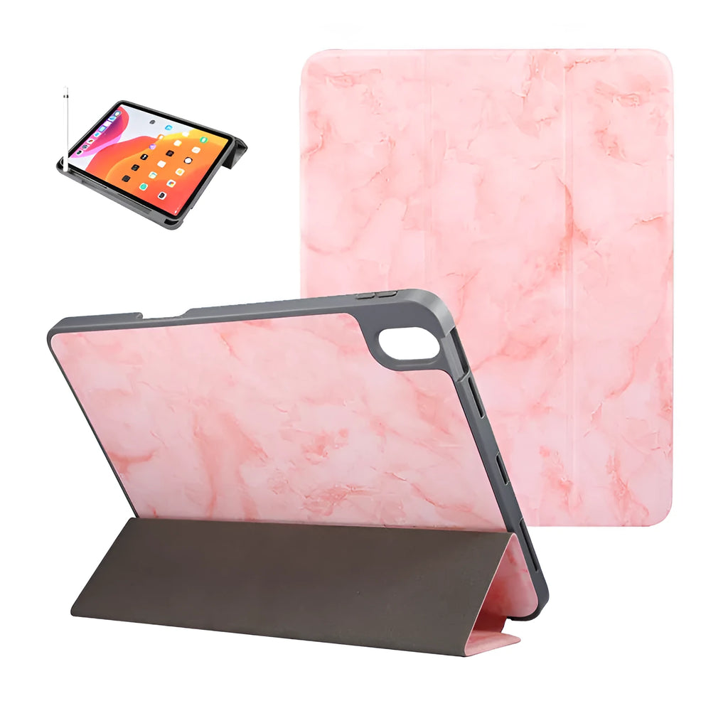 Tri-fold marbling design iPad case with pen slot in multiple colour options showing plane housing position
